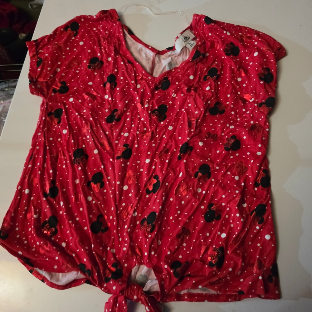 Disney Parks Minnie Mouse Red Polka Dot Front Tie V-Neck Short Sleeve Top Small